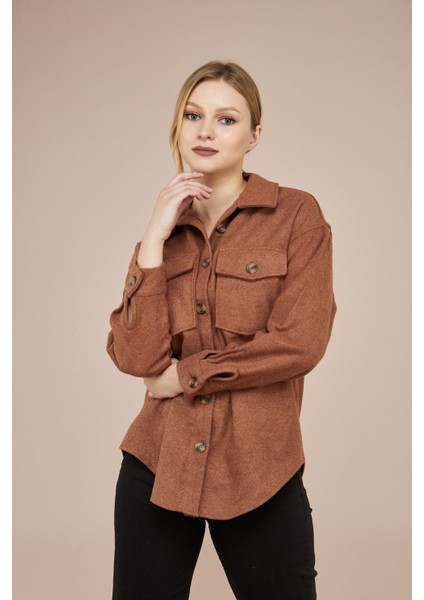 Kadın Kahverengi Kaşe Pamuklu Oversize Ceket Gömlek