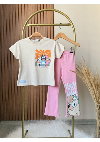 Kız Çocuk Pamuklu Ekru Bluey Baskılı Takım - Sevimli Karakter Temalı