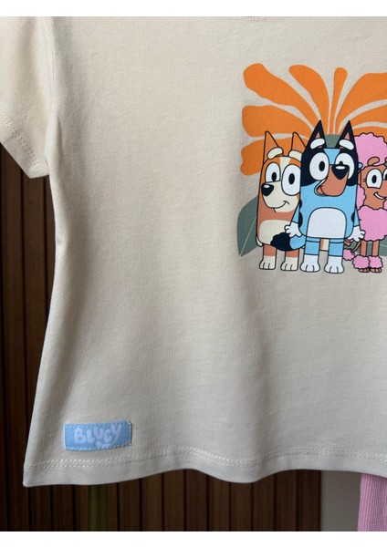 Kız Çocuk Pamuklu Ekru Bluey Baskılı Takım - Sevimli Karakter Temalı