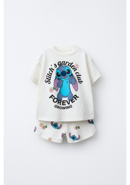 Kız Çocuk Stitch Baskılı Tişört ve Şort Takımı – 2'li Set, Pamuklu ve Rahat