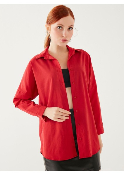 Kadın Kırmızı Oversize Uzun Basic Gömlek