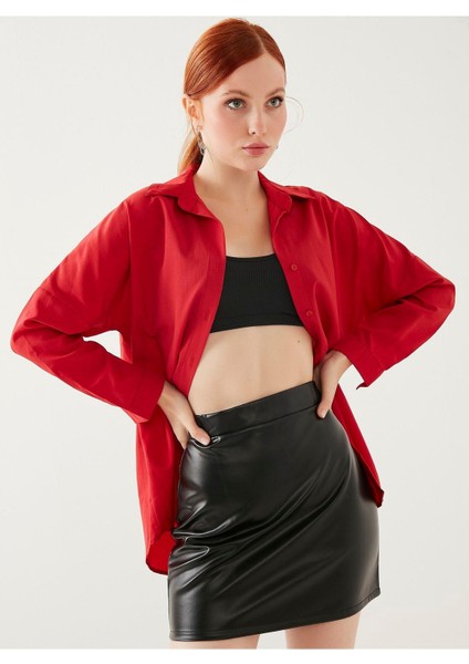 Kadın Kırmızı Oversize Uzun Basic Gömlek