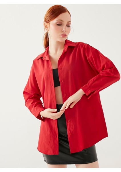 Kadın Kırmızı Oversize Uzun Basic Gömlek