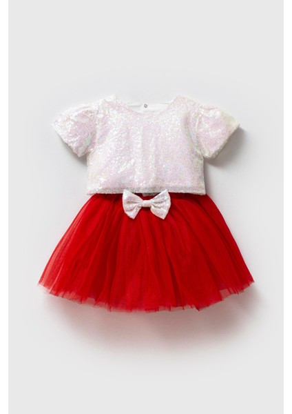 Kız Çocuk Kırmızı Tüllü Payetli Takım - Parlak Beyaz Bluzlu Özel Gün Kombini