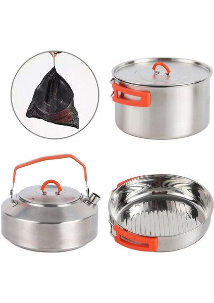 3 Parçalı Set 304 Paslanmaz Çelik Taşınabilir Dış Mekan Pişirme Seti Kamp Piknik Pişirme Kapları (Yurt Dışından)