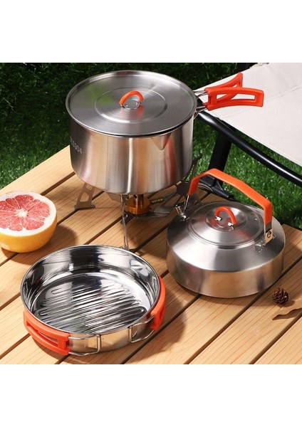 3 Parçalı Set 304 Paslanmaz Çelik Taşınabilir Dış Mekan Pişirme Seti Kamp Piknik Pişirme Kapları (Yurt Dışından)