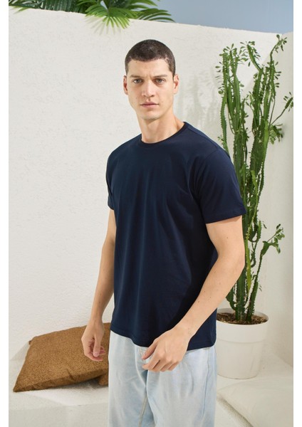 Erkek Regular Fit Kısa Kol Lacivert T-Shirt C0T1N5