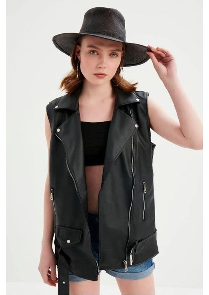 Kadın Siyah Deri Biker Oversize Yelek