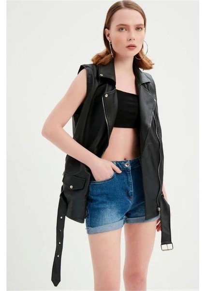 Kadın Siyah Deri Biker Oversize Yelek
