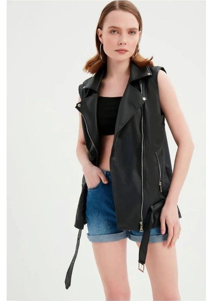 Kadın Siyah Deri Biker Oversize Yelek