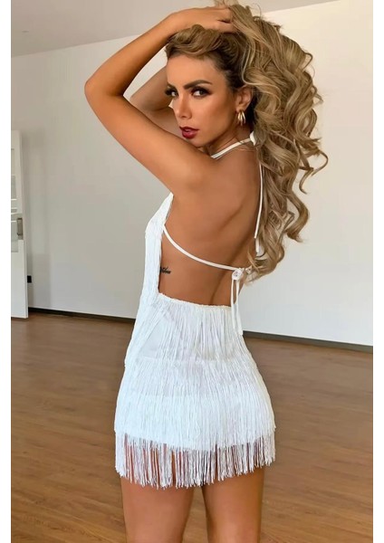 Püsküllü Salsa Elbise Beyaz