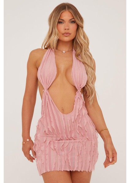 Halter Örgü Elbise - Toz-Pembe