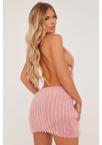 Halter Örgü Elbise - Toz-Pembe