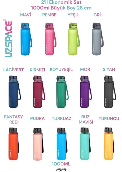 Çiftli Tritan Matara Seti 2'li 1000 ml, 14 renk seçeneği, dayanıklı ve şık tasarım fırsatları