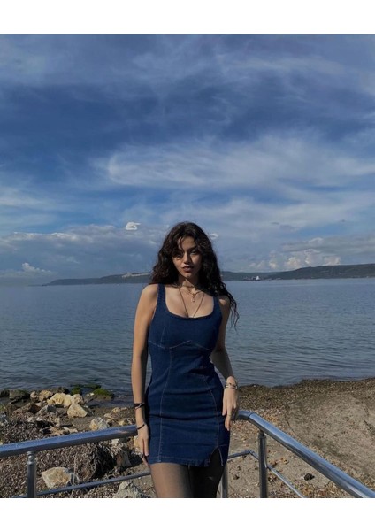 Kadın Mavi Askılı Kot Elbise