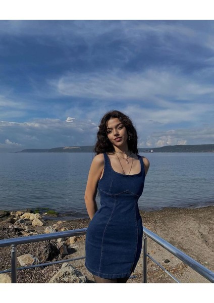 Kadın Mavi Askılı Kot Elbise fiyatları