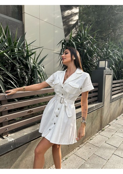 Kadın Beyaz Gabardin Kemerli Elbise modelleri