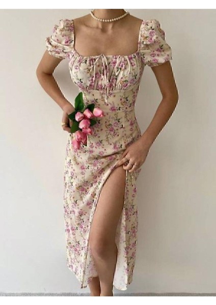 Kadın Sarı Çok Renkli Çiçek Desenli Kare Yaka Yırtmaçlı Premium Midi Elbise 02