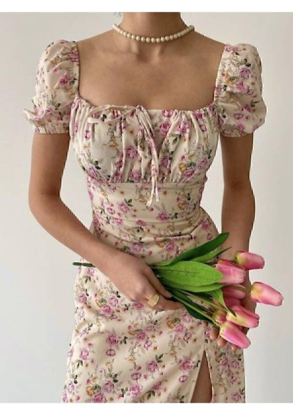 Kadın Sarı Çok Renkli Çiçek Desenli Kare Yaka Yırtmaçlı Premium Midi Elbise 02 modelleri