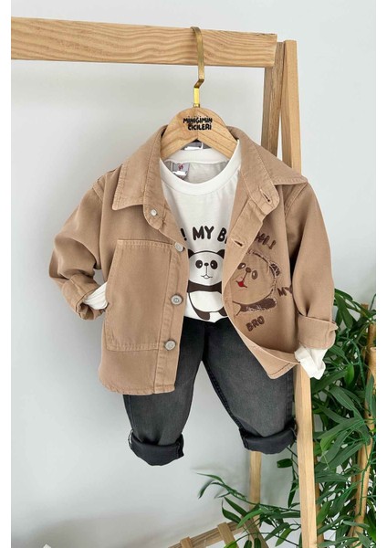 Panda Baskılı Gabardin Erkek Bebe 3 lü takım - Vizon