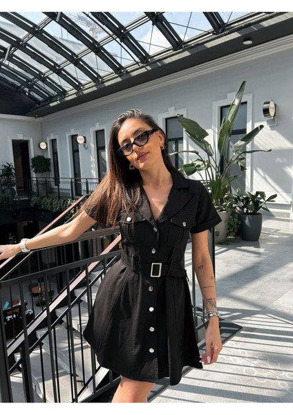 Kadın Siyah Gabardin Kemerli Elbise modelleri