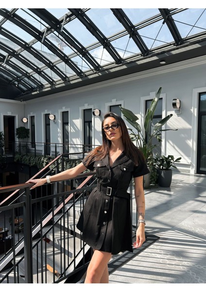 Kadın Siyah Gabardin Kemerli Elbise fırsatları