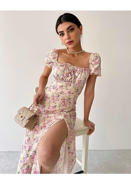 Kadın Sarı Çok Renkli Çiçek Desenli Kare Yaka Yırtmaçlı Premium Midi Elbise 02