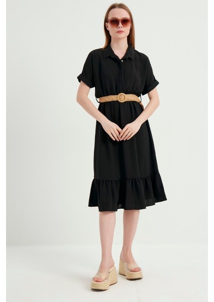 Kadın Siyah Kemerli Ayrobin Elbise
