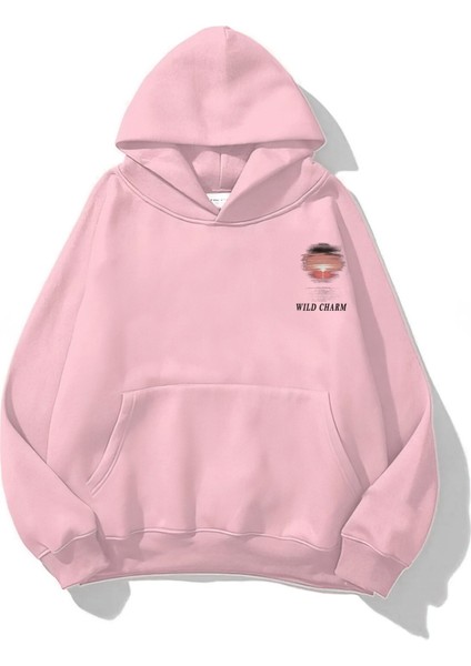 Kapüşonlu Içi Polar Wıld Charm Baskılı Pembe Unisex Hoodie Sweatshirt