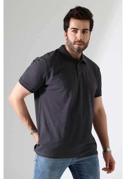 %100 Pamuk Regular Fit Dar Kesim Kısa Kollu Polo Yaka T-Shirt 21844 Füme