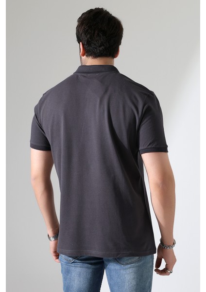 %100 Pamuk Regular Fit Dar Kesim Kısa Kollu Polo Yaka T-Shirt 21844 Füme
