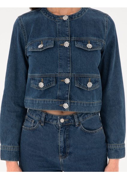 Kadın Mavi Crop Top Jean Ceket 50306930-VR036