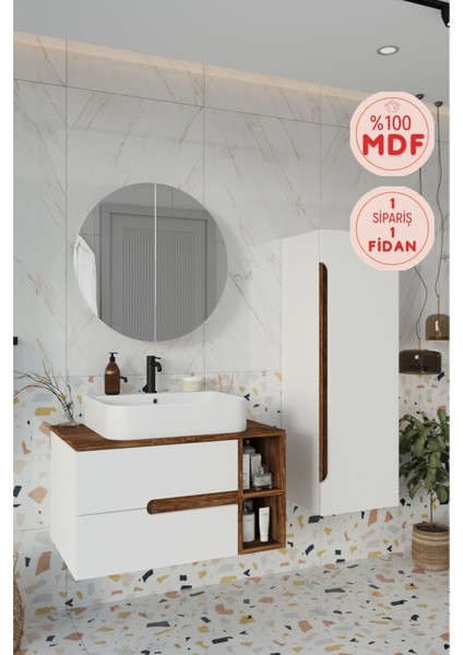 Koza Beyaz 80 cm Banyo Dolabı+Ayna+Lavabo+Boy Dolabı
