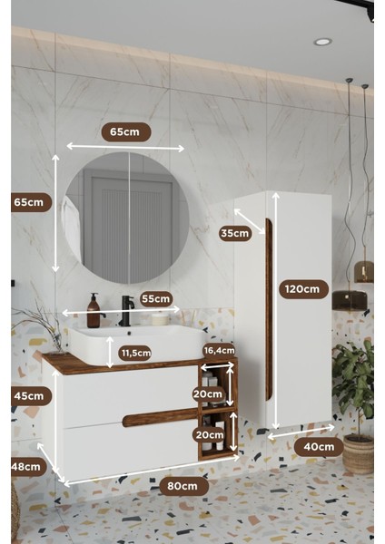 Koza Beyaz 80 cm Banyo Dolabı+Ayna+Lavabo+Boy Dolabı fırsatları