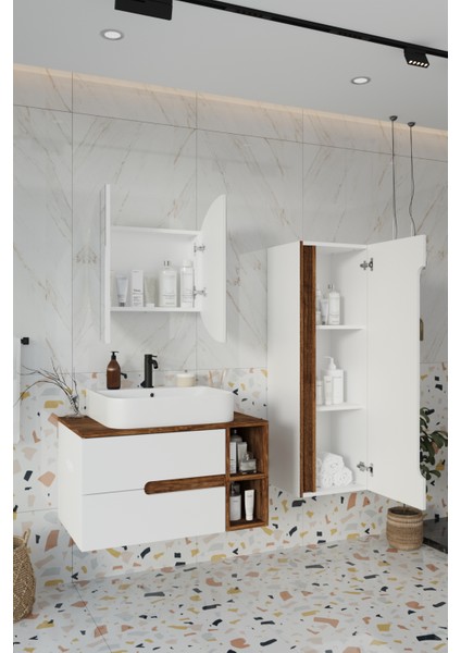Koza Beyaz 80 cm Banyo Dolabı+Ayna+Lavabo+Boy Dolabı indirimleri