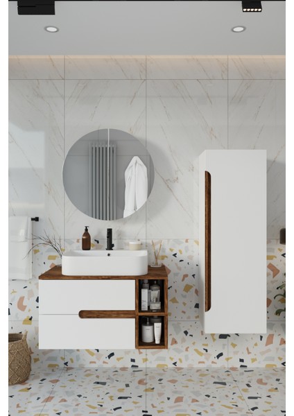 Koza Beyaz 80 cm Banyo Dolabı+Ayna+Lavabo+Boy Dolabı