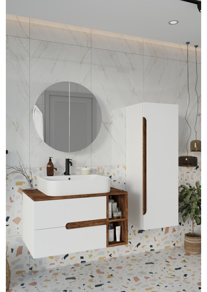 Koza Beyaz 80 cm Banyo Dolabı+Ayna+Lavabo+Boy Dolabı