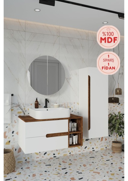 Koza Beyaz 90 cm Banyo Dolabı+Ayna+Lavabo+Boy Dolabı