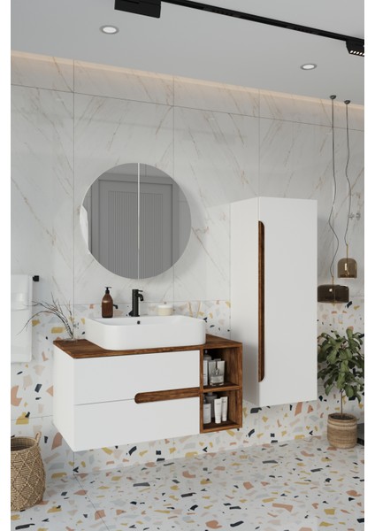 Koza Beyaz 90 cm Banyo Dolabı+Ayna+Lavabo+Boy Dolabı