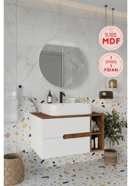 Koza Beyaz 80 cm Banyo Dolabı+Ayna+Lavabo