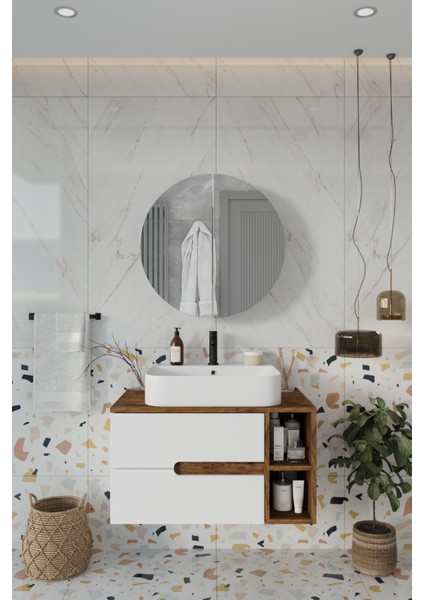 Koza Beyaz 80 cm Banyo Dolabı+Ayna+Lavabo