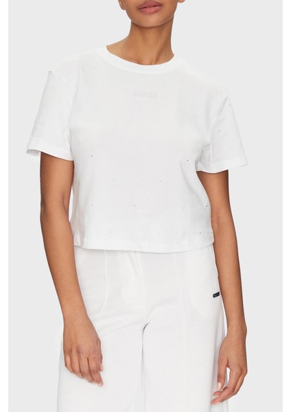 Primula Taşlı Logolu Pamuklu Boxy Fit Bisiklet Yaka T Shirt V5GI00I3Z14 Bayan T Shirt V5GI00 I3Z14 G011