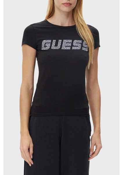 New Kiara Taşlı Streç Pamuklu Regular Fit Bisiklet Yaka T Shirt V5GI20J1314 Bayan T Shirt V5GI20 J1314 Jblk