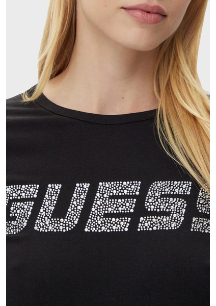 New Kiara Taşlı Streç Pamuklu Regular Fit Bisiklet Yaka T Shirt V5GI20J1314 Bayan T Shirt V5GI20 J1314 Jblk