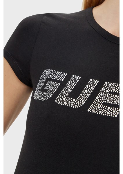 New Kiara Taşlı Streç Pamuklu Regular Fit Bisiklet Yaka T Shirt V5GI20J1314 Bayan T Shirt V5GI20 J1314 Jblk