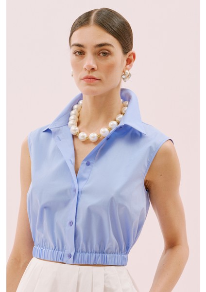Beli Lastikli Kolsuz Poplin Gömlek Mavi Y2513539_036