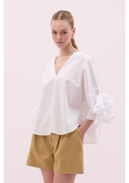 Kolları Fırfırlı V Yaka Bluz Beyaz Y2513015_002