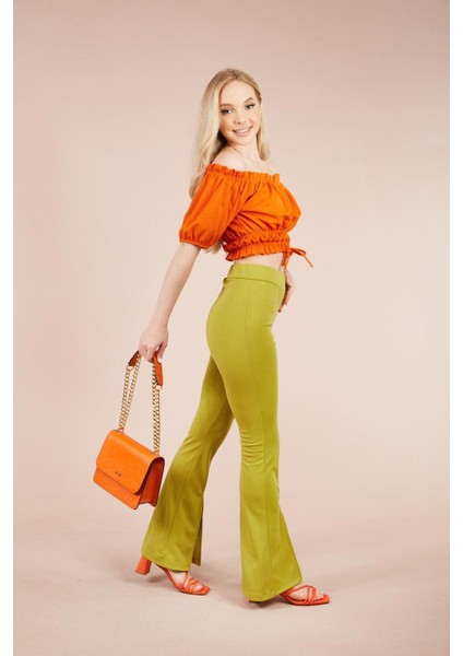 Kadın Yeşil Paçası Yırtmaçlı Ispanyol Tayt Pantolon