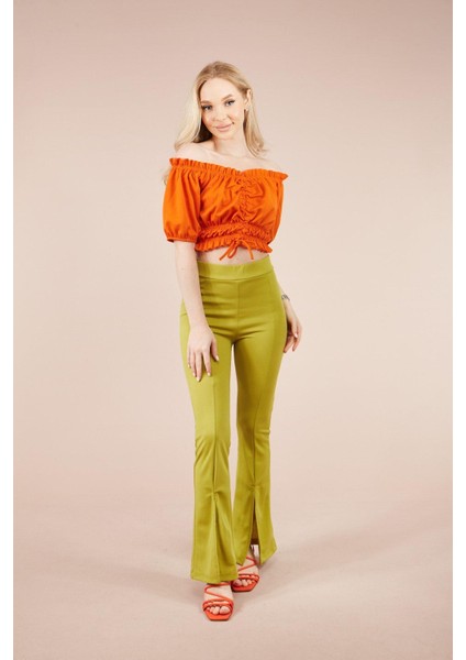 Kadın Yeşil Paçası Yırtmaçlı Ispanyol Tayt Pantolon fiyatları