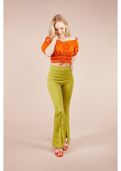 Kadın Yeşil Paçası Yırtmaçlı Ispanyol Tayt Pantolon modelleri